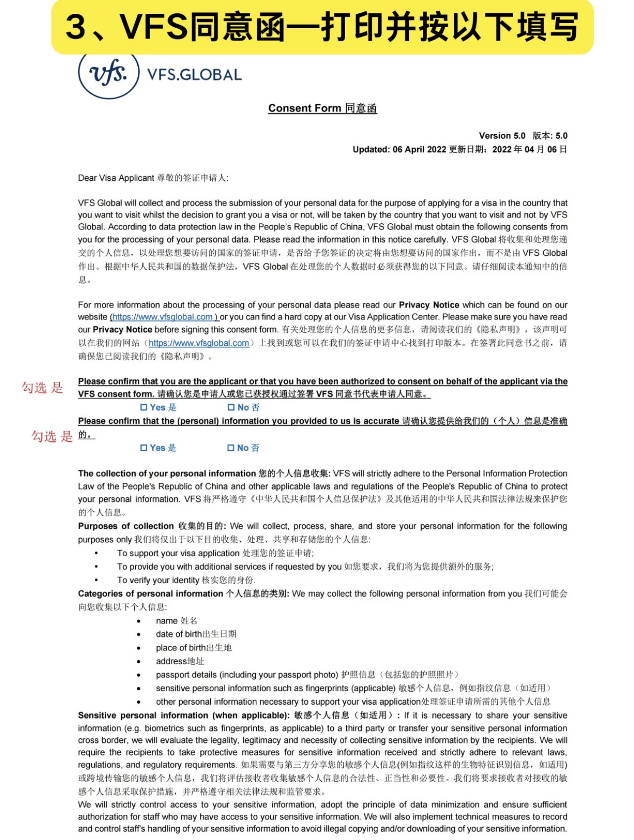 VFS Global Consent Form 同意函填写样本第 1 页