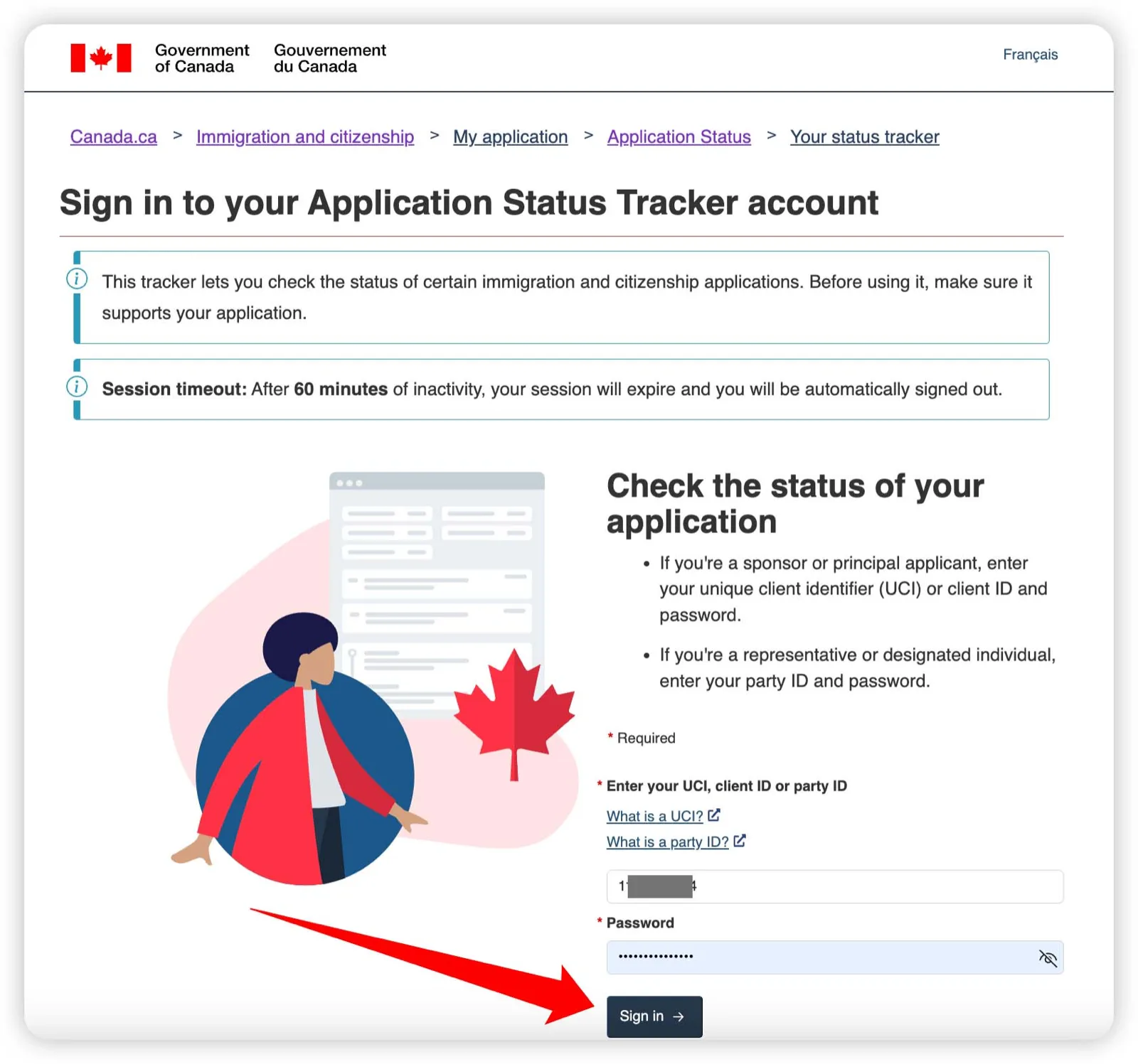 IRCC Application Status Tracker 登录页面，输入 UCI 号码和密码后点击 Sign in