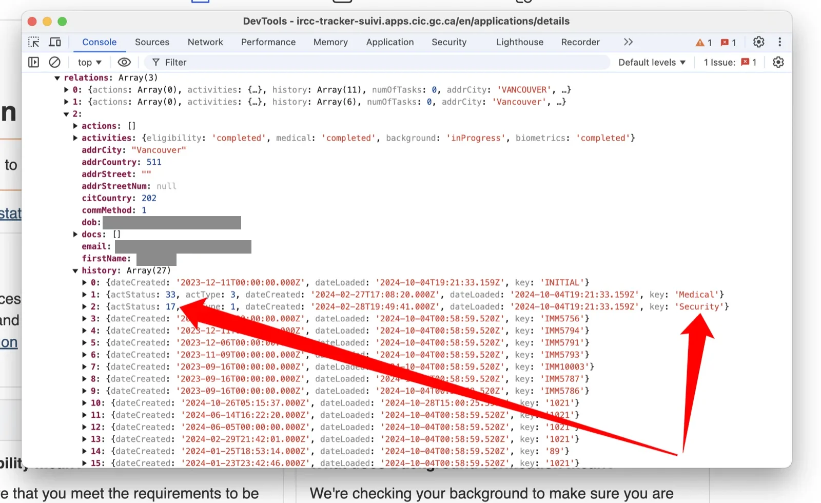 history 记录中 key 为 Security 的条目显示 actStatus 数值，17 表示安调进行中，33 表示已结束