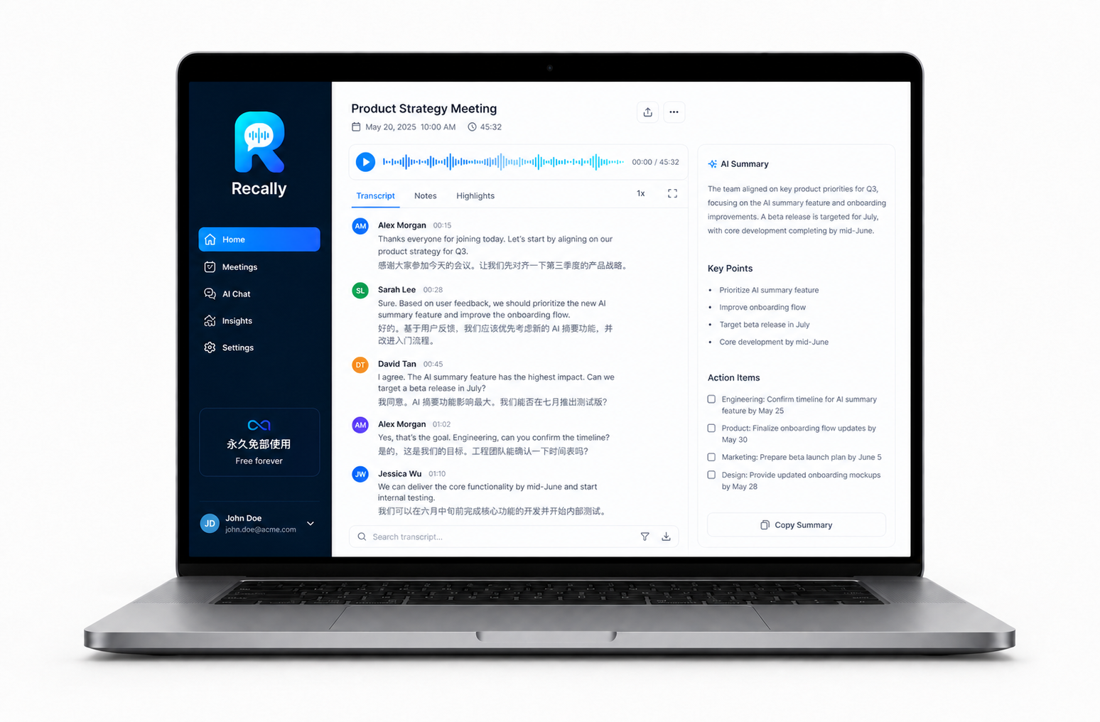 Recally 桌面应用展示：录音波形、中英文转写、AI 总结和行动事项